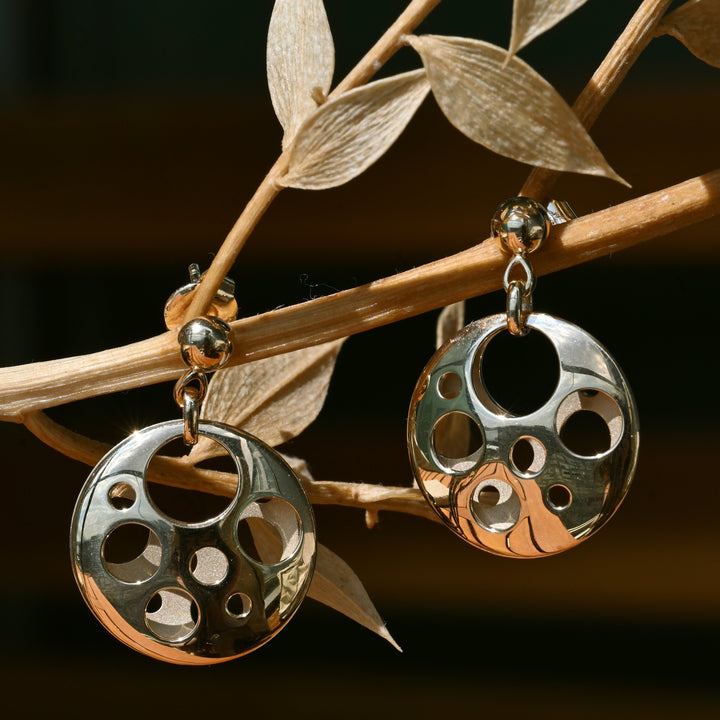 A pair of polished silver-tone circular dangle earrings with cutout details, hanging from a decorative dried branch against a dark warm-toned background.