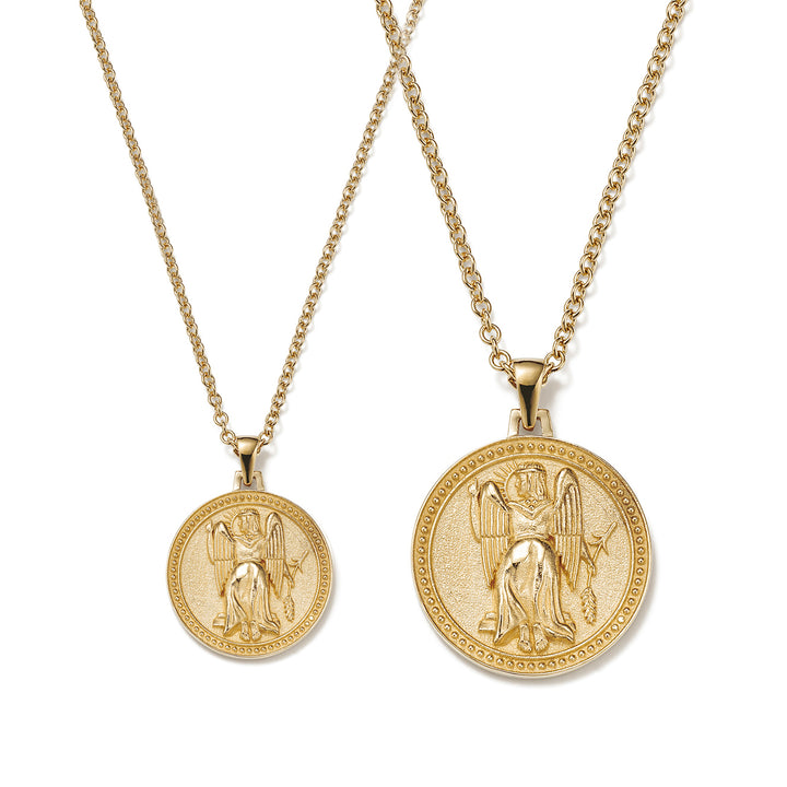 Small and Large Ethical Gold Virgo Pendant Necklaces Side By Side on a White Background