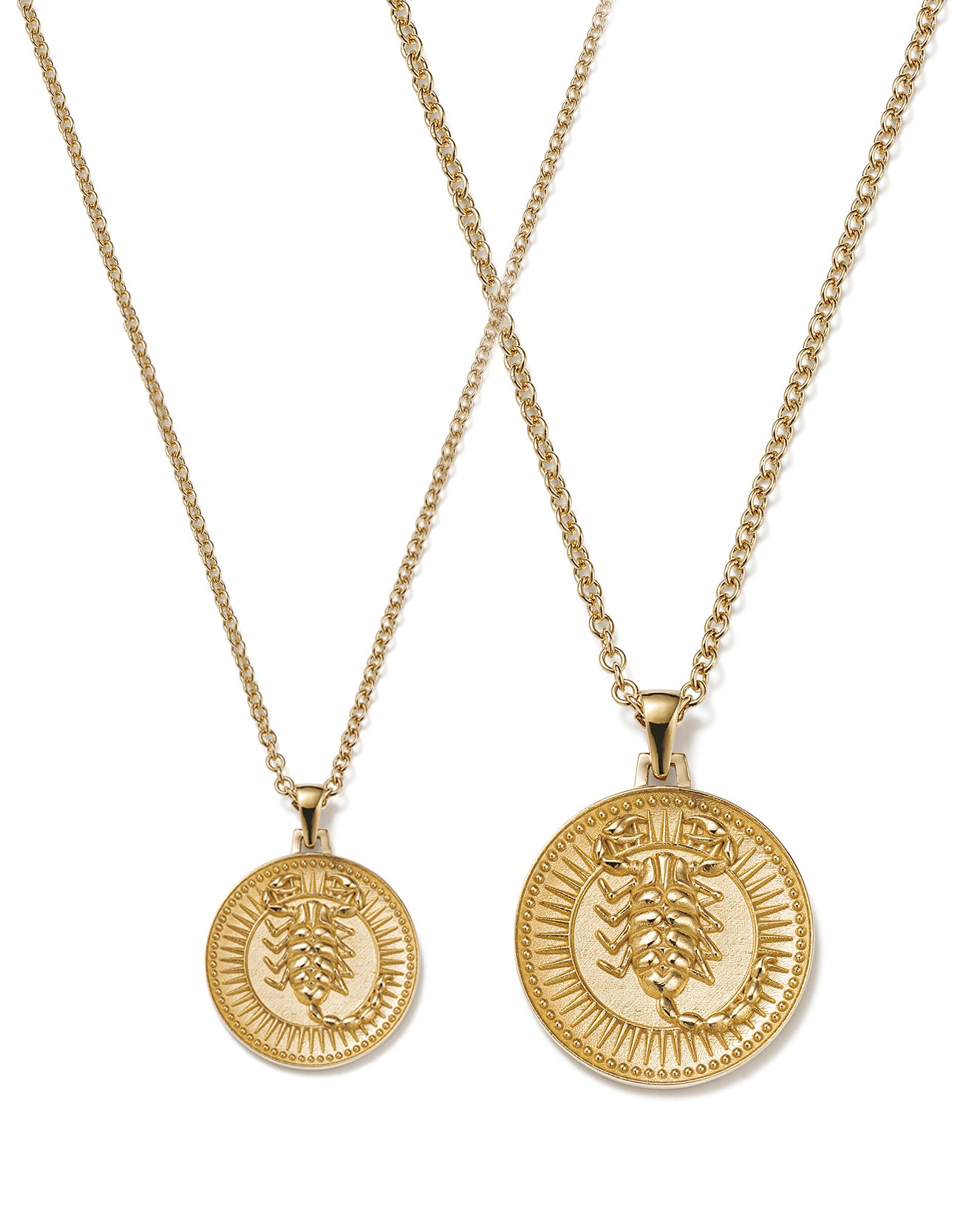 Small and Large Ethical Gold Scorpio Pendant Necklaces Side By Side on a White Background