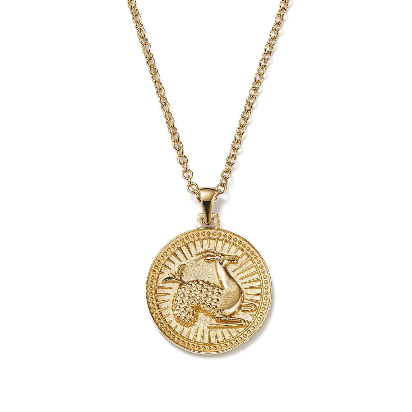 Ethical Gold Pendant with Capricorn Symbol on Gold Chain in Front of a White Background