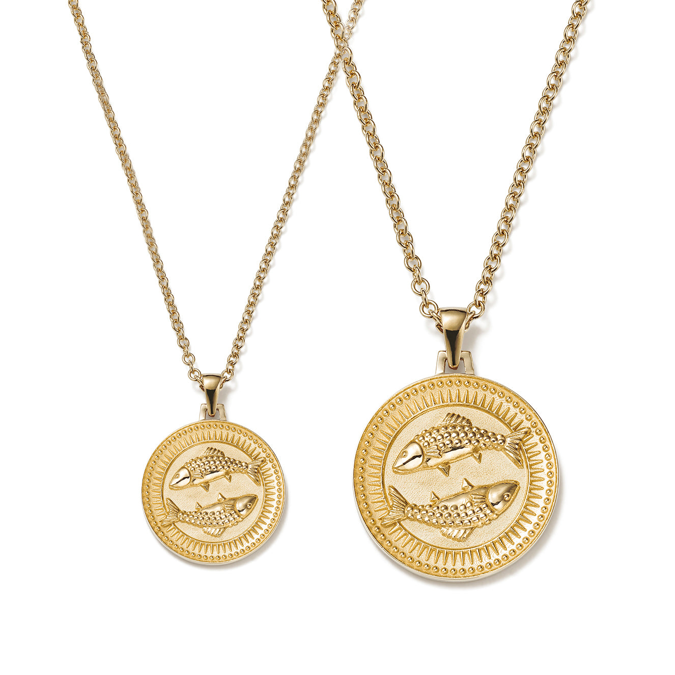 Small and Large Ethical Gold Pisces Pendant Necklaces Side By Side on a White Background