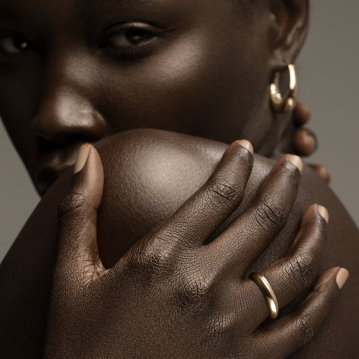 Eco-Friendly Gold Wedding Band on Model Finger