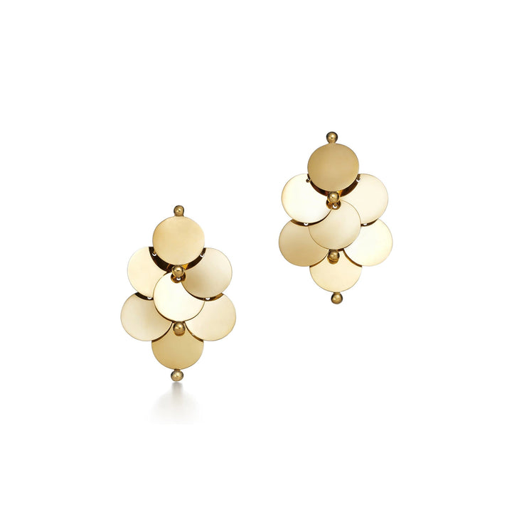 Ecological Gold Earrings Comprised of 4 Tiers of Gold Discs in a Loose Diamond Shape