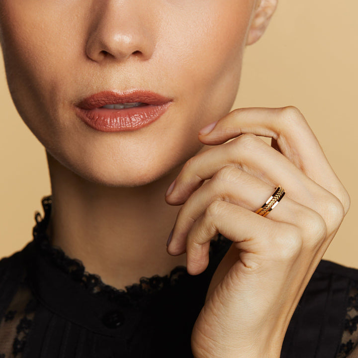 Model Wearing Ecological Gold Wedding Band