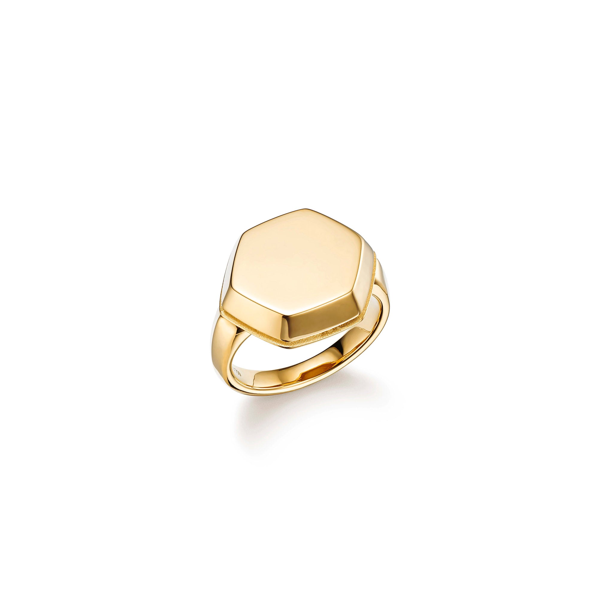 Sustainable Gold Ring Featuring a Flat Hexagonal Design at the Top of the Ring